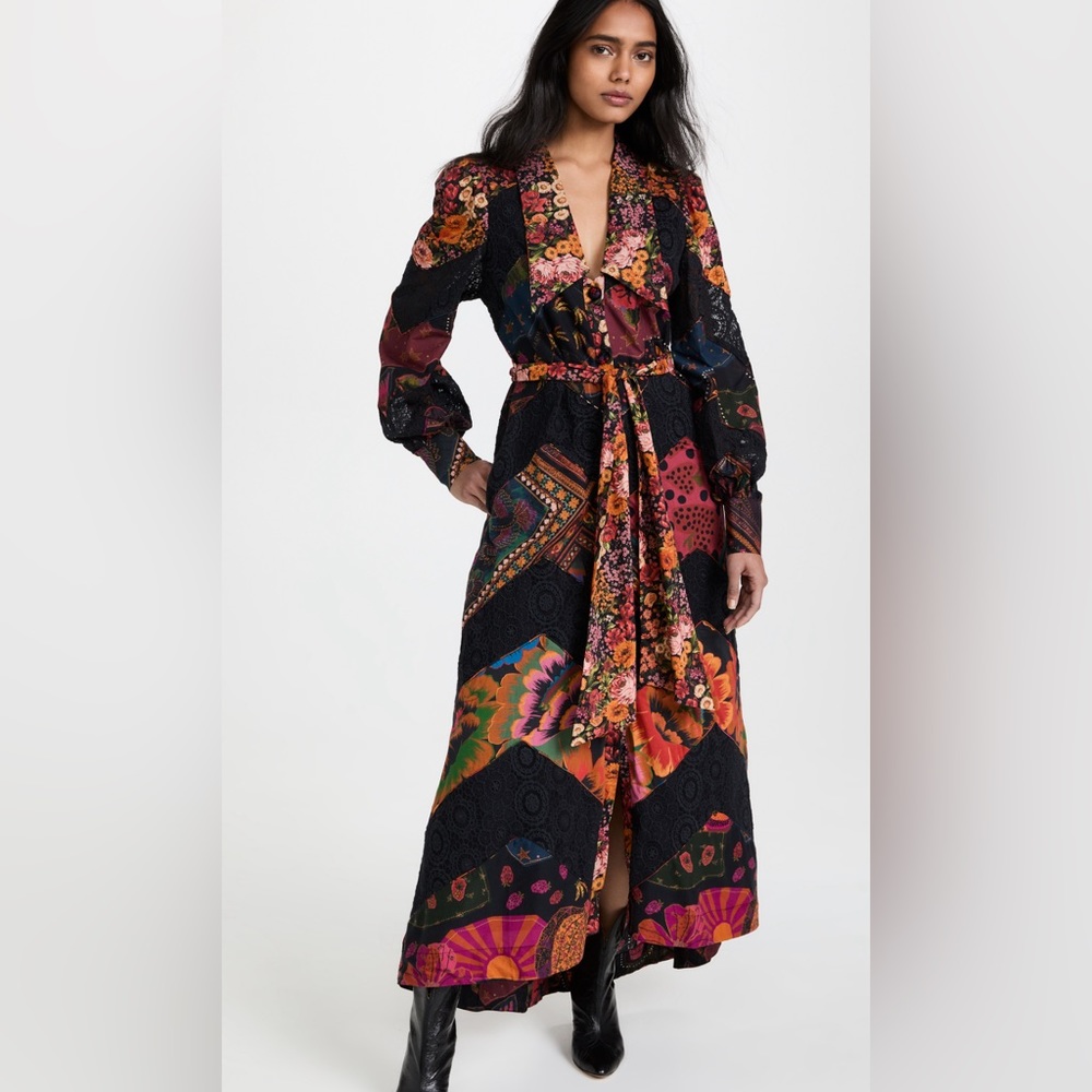 NWT FARM Rio Mixed black prints lace ankle dress multi size XS